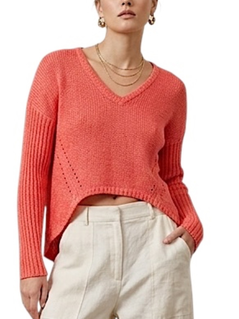 Minimalist old money Coral Knit High Low Cropped Drop Shoulder Sweater S